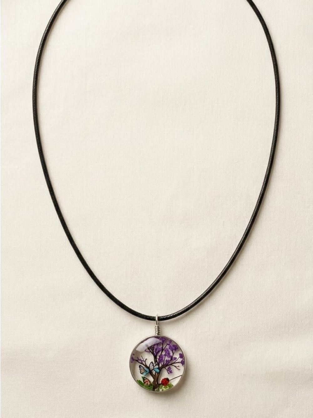 Handmade Purple Tree Pendant Necklace on Black Cord